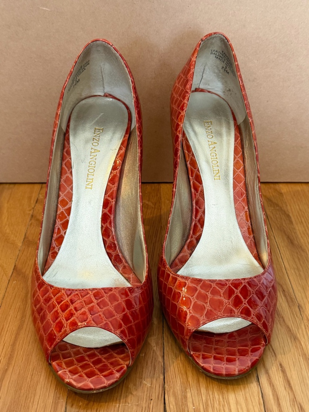 Enzo Angiolini Red Croc Patent Peep-Toe Heels